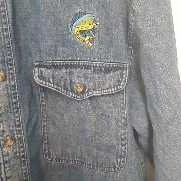 Reel Legends Vintage Shirt-Jacket Men's Large Blue Denim Shacket Elbow Patches - Picture 2 of 11